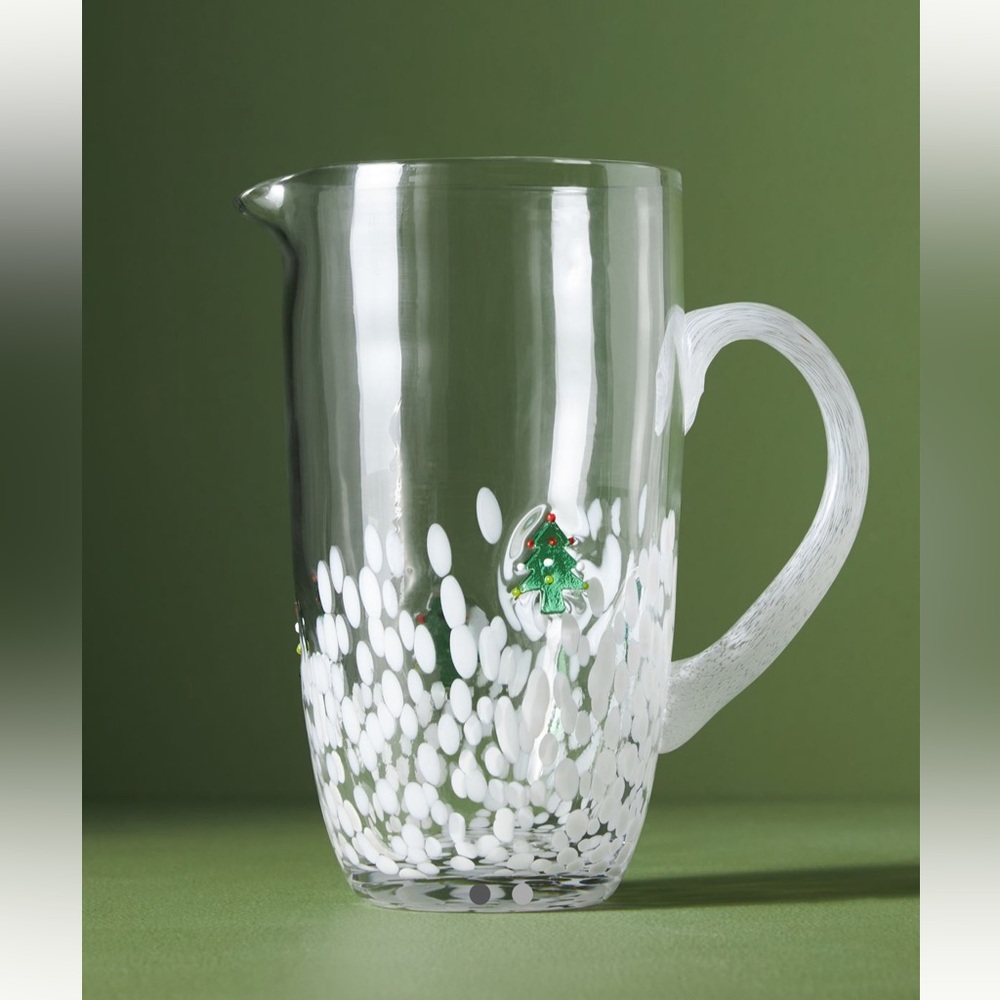 Anthropologie FESTIVE Tree Icon Glass Pitcher White Snowy Hand Blown Beaded NWT